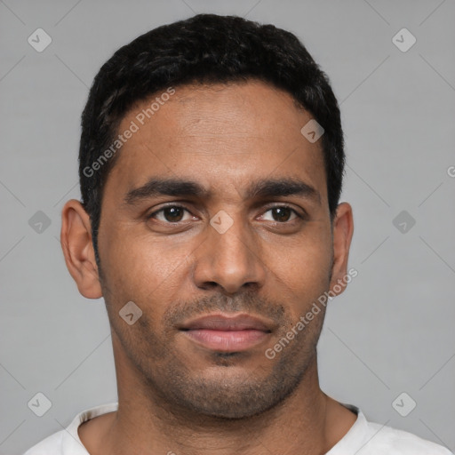 Neutral latino young-adult male with short  black hair and brown eyes
