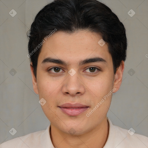 Joyful latino young-adult male with short  brown hair and brown eyes