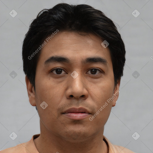 Neutral asian young-adult male with short  black hair and brown eyes