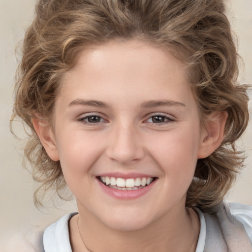 Joyful white child female with medium  brown hair and brown eyes