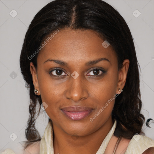 Joyful black young-adult female with medium  brown hair and brown eyes