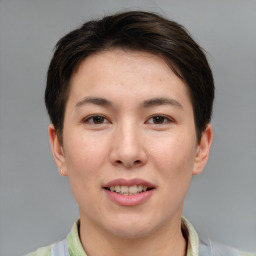 Joyful asian young-adult female with short  brown hair and brown eyes