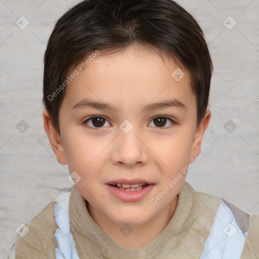 Joyful white child female with short  brown hair and brown eyes