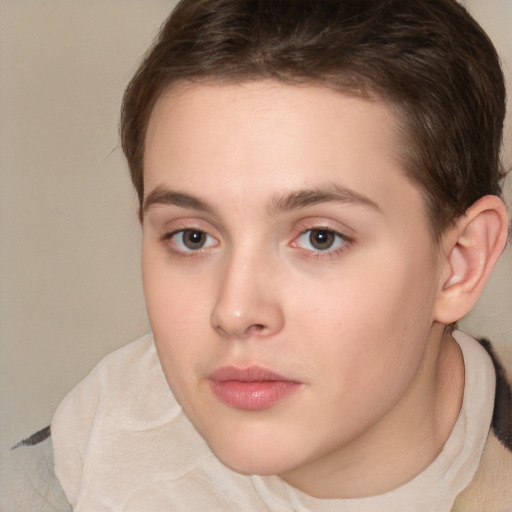 Neutral white young-adult female with short  brown hair and brown eyes