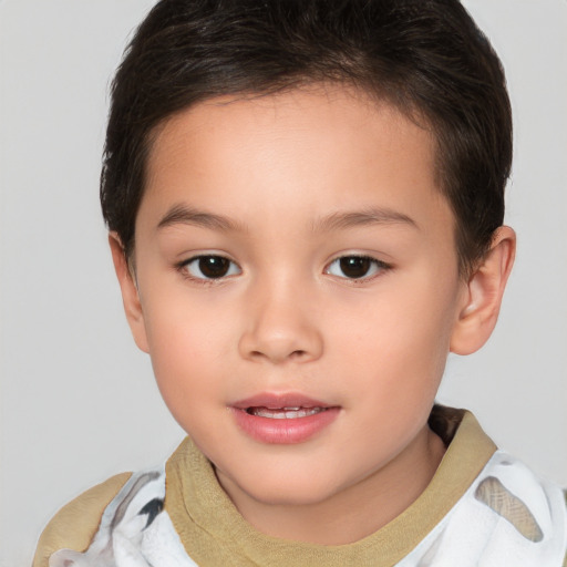 Joyful white child female with short  brown hair and brown eyes