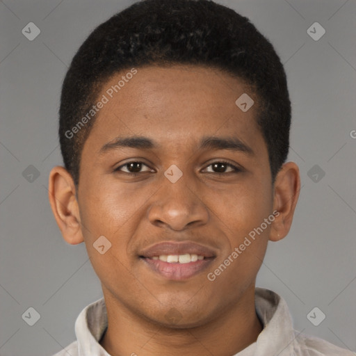 Joyful latino young-adult male with short  brown hair and brown eyes