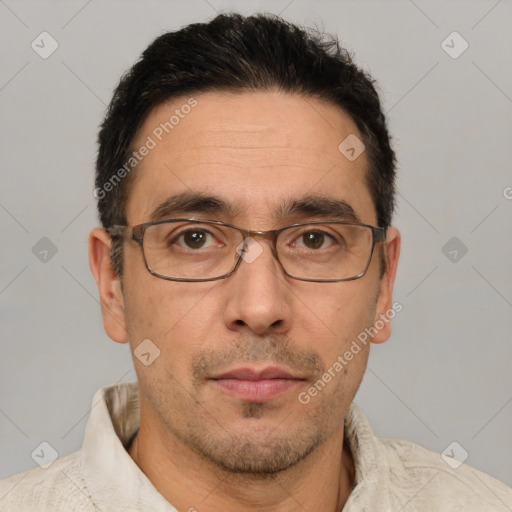 Neutral white adult male with short  black hair and brown eyes