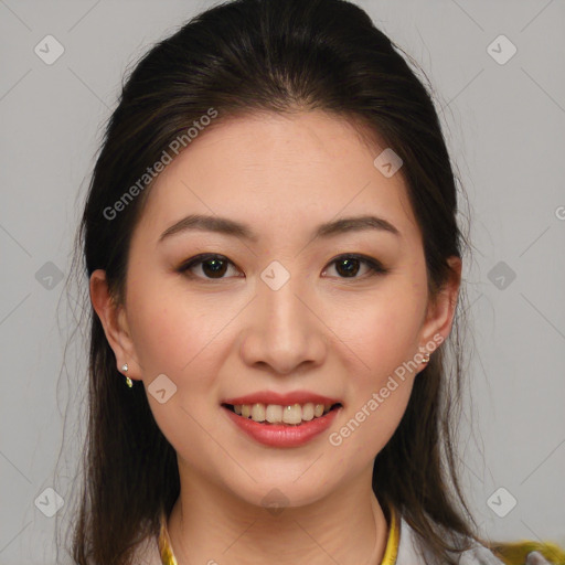 Joyful white young-adult female with medium  brown hair and brown eyes