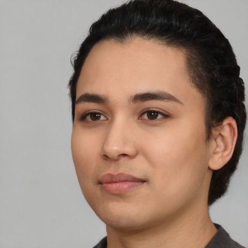 Neutral white young-adult female with short  black hair and brown eyes