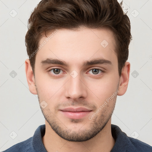 Neutral white young-adult male with short  brown hair and grey eyes