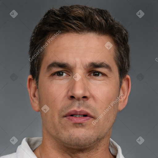 Neutral white adult male with short  brown hair and brown eyes