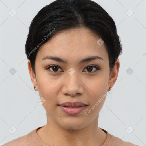 Joyful asian young-adult female with short  brown hair and brown eyes