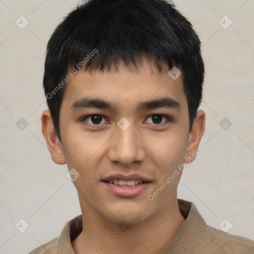 Joyful asian young-adult male with short  brown hair and brown eyes