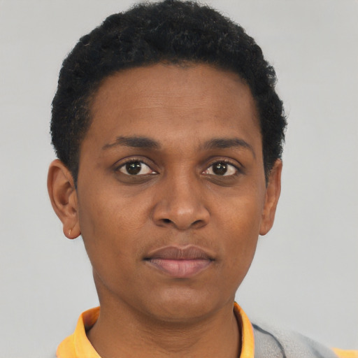 Neutral black young-adult male with short  black hair and brown eyes