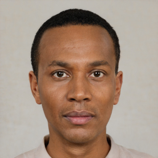 Neutral black young-adult male with short  black hair and brown eyes