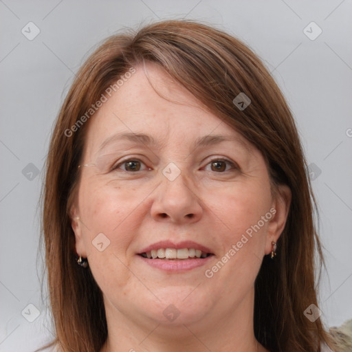 Joyful white adult female with medium  brown hair and grey eyes