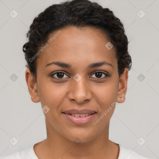 Joyful latino young-adult female with short  brown hair and brown eyes