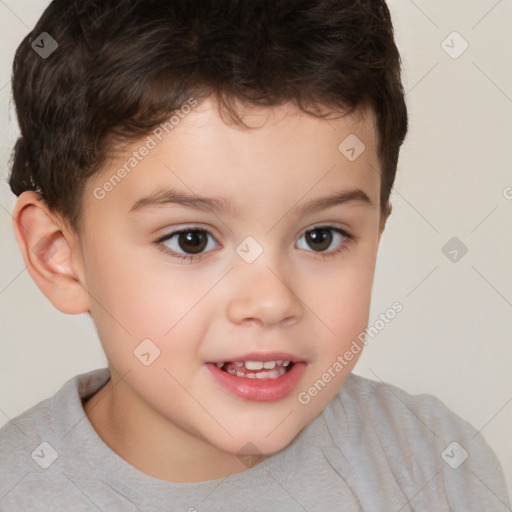 Joyful white child male with short  brown hair and brown eyes