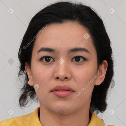 Neutral asian young-adult female with medium  black hair and brown eyes