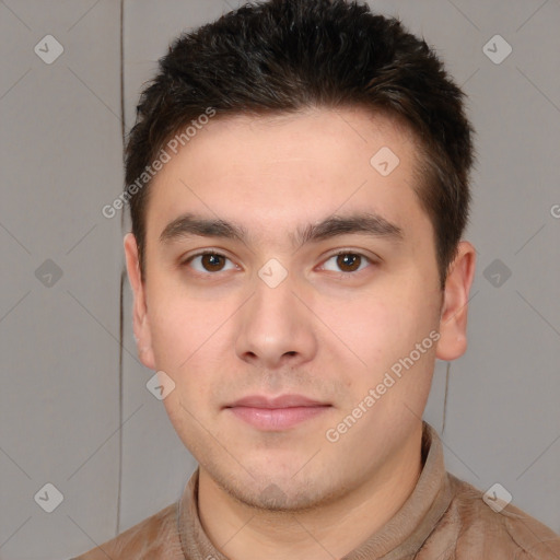 Neutral white young-adult male with short  brown hair and brown eyes