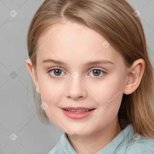 Joyful white child female with medium  brown hair and blue eyes