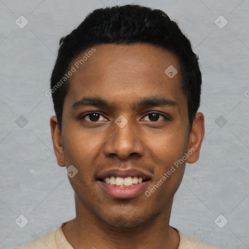 Joyful black young-adult male with short  black hair and brown eyes