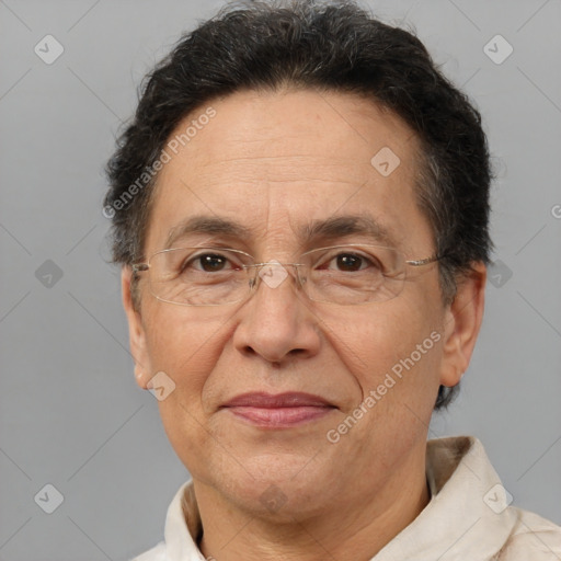 Joyful white middle-aged male with short  brown hair and brown eyes