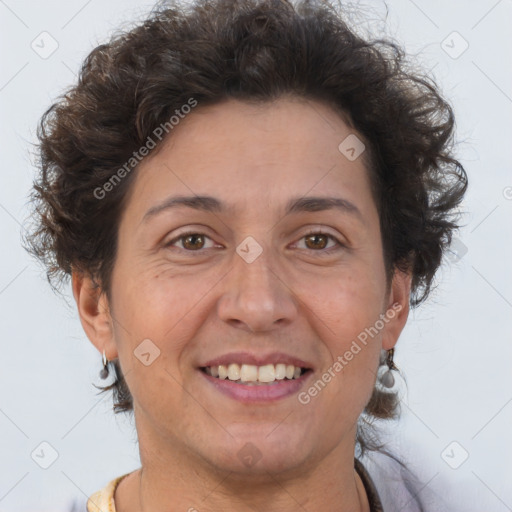 Joyful white adult female with short  brown hair and brown eyes