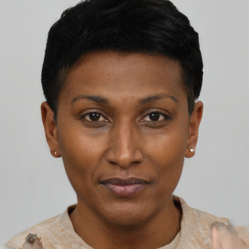 Neutral black young-adult female with short  black hair and brown eyes