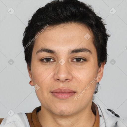 Joyful white young-adult female with short  black hair and brown eyes