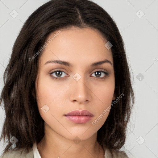 Neutral white young-adult female with medium  brown hair and brown eyes