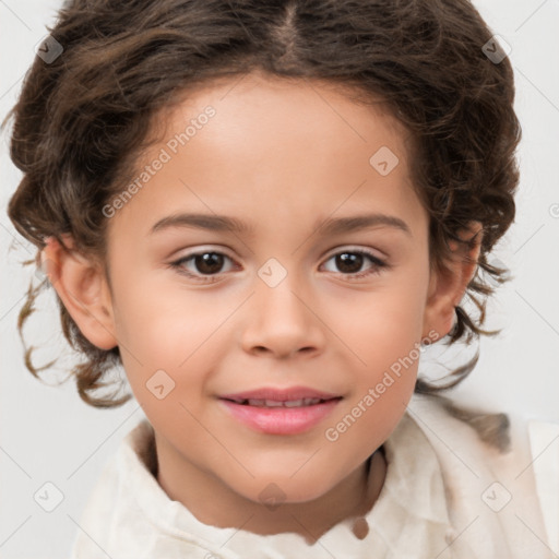 Joyful white child female with medium  brown hair and brown eyes