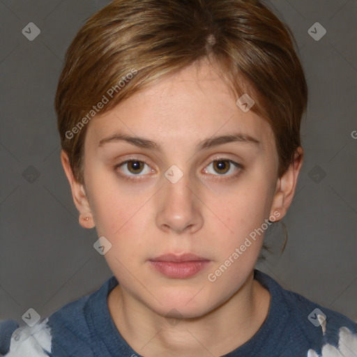 Neutral white young-adult female with medium  brown hair and grey eyes