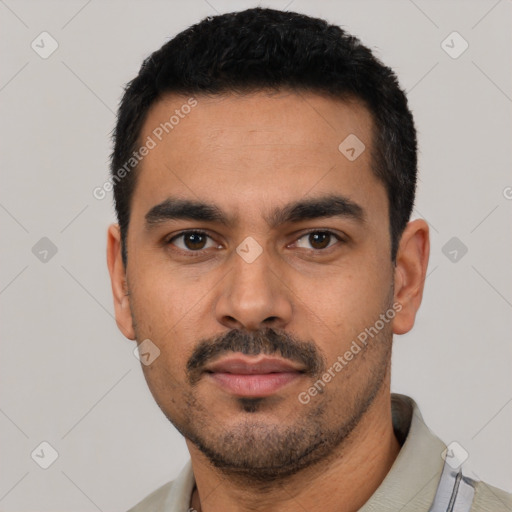 Neutral latino young-adult male with short  black hair and brown eyes