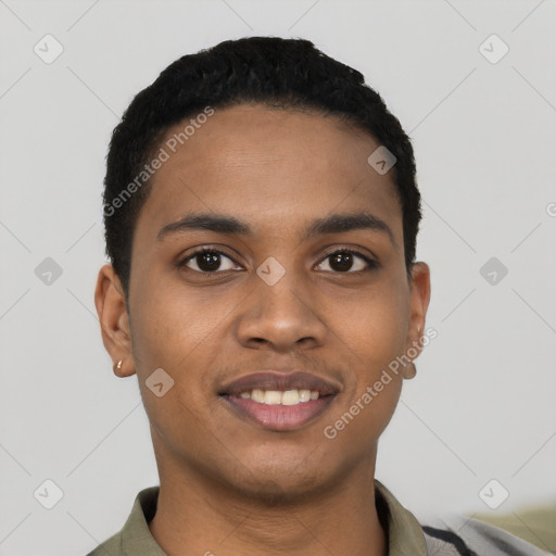 Joyful black young-adult male with short  black hair and brown eyes