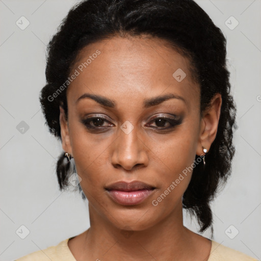 Neutral black young-adult female with medium  black hair and brown eyes