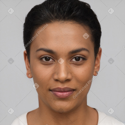 Joyful latino young-adult female with short  brown hair and brown eyes