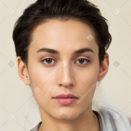 Neutral white young-adult female with short  brown hair and brown eyes