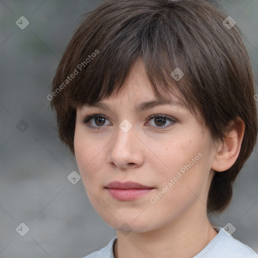 Neutral white young-adult female with medium  brown hair and brown eyes