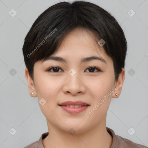 Joyful asian young-adult female with short  brown hair and brown eyes