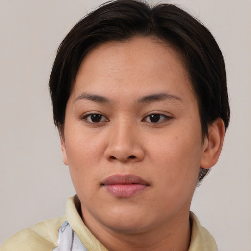 Neutral asian young-adult female with short  brown hair and brown eyes