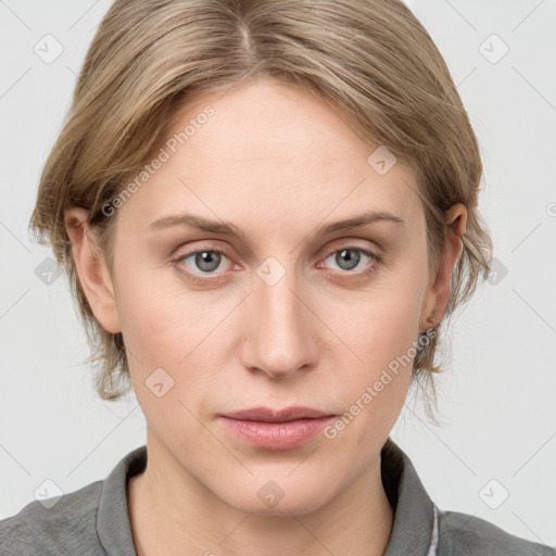 Neutral white young-adult female with medium  brown hair and blue eyes