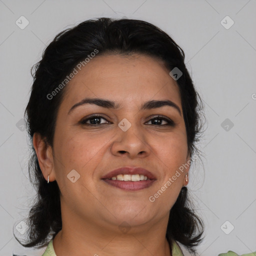 Joyful latino young-adult female with medium  brown hair and brown eyes