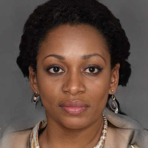 Joyful black young-adult female with long  black hair and brown eyes