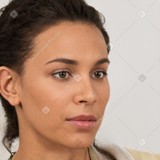 Neutral white young-adult female with medium  brown hair and brown eyes