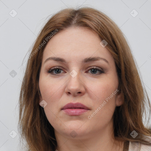 Neutral white young-adult female with medium  brown hair and grey eyes