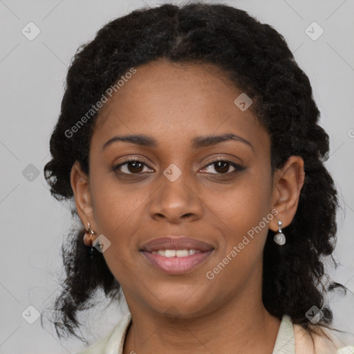 Joyful black young-adult female with medium  black hair and brown eyes