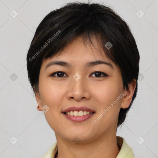 Joyful white young-adult female with medium  brown hair and brown eyes