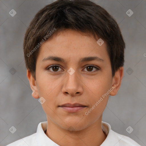 Neutral white young-adult female with short  brown hair and brown eyes