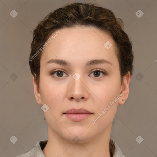 Neutral white young-adult female with short  brown hair and brown eyes